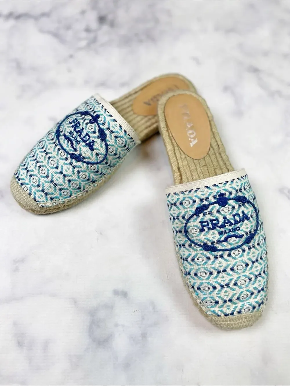 PRADA Nastro Embroidered Logo Jacquard Canvas Espadrille Mules Slip-On Sz 39 / 9